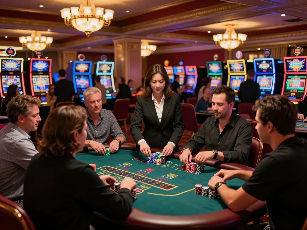 28bet blackjack table with players engaged in strategic gameplay, illuminated by ornate lighting.