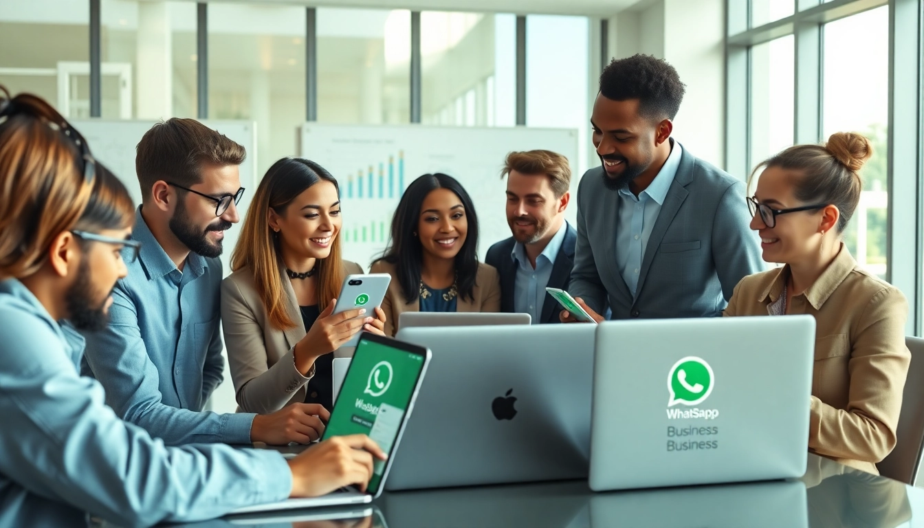 Showcasing WhatsApp Business CRM in a dynamic workplace setting with professionals collaborating.