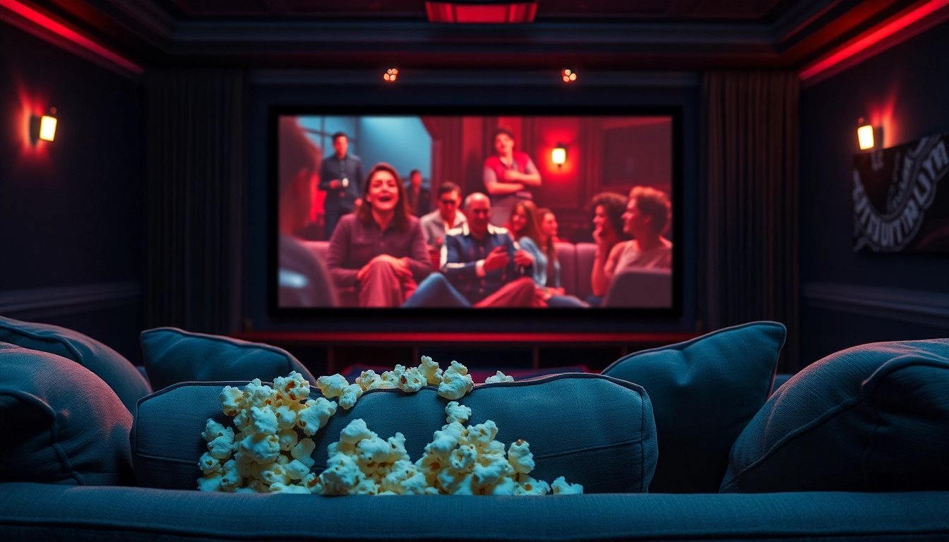 Enjoy ดูหนัง in a cozy home theater setting complete with popcorn and soft lighting.