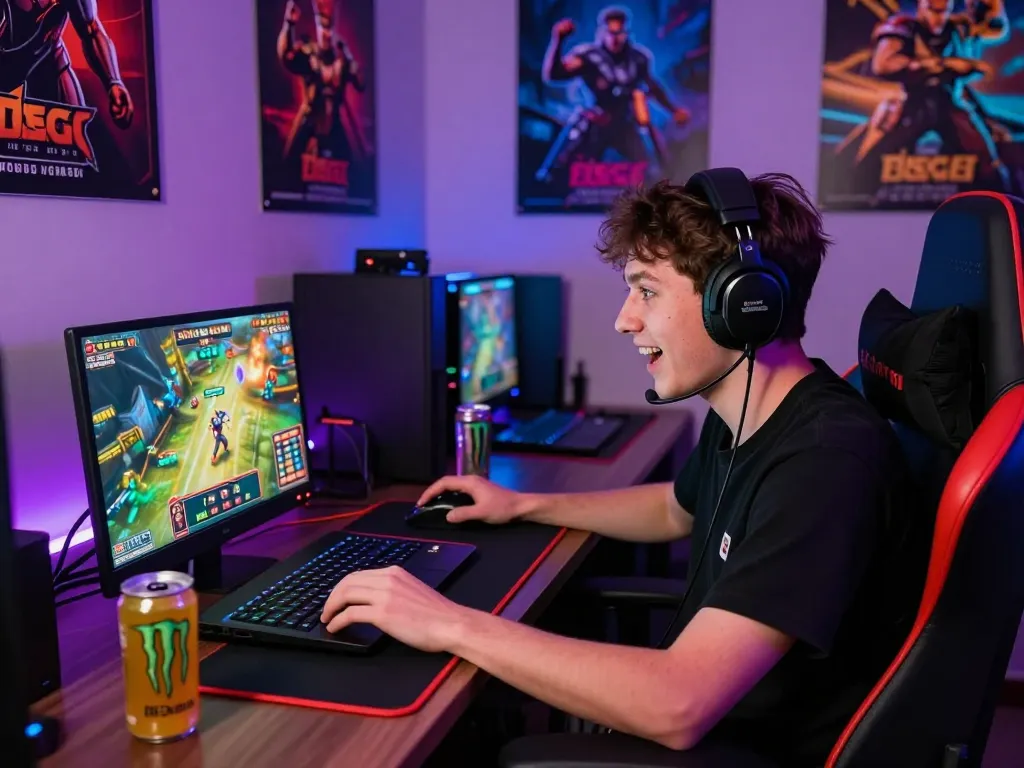 Dynamic gaming scene featuring a player enjoying b52club on a laptop with colorful LED lights and accessories.