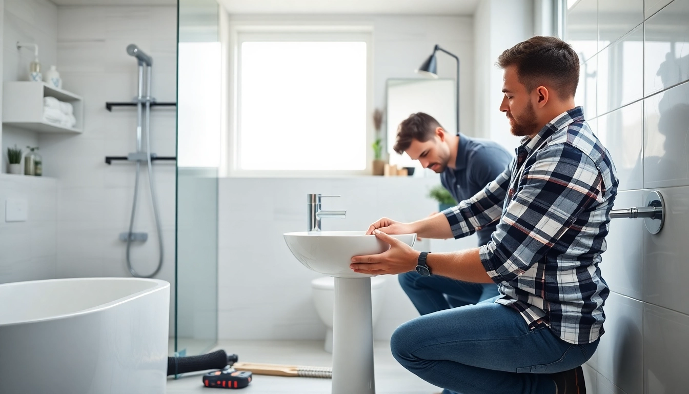 Bathroom installers expertly fitting a modern sink in a stylishly renovated bathroom.