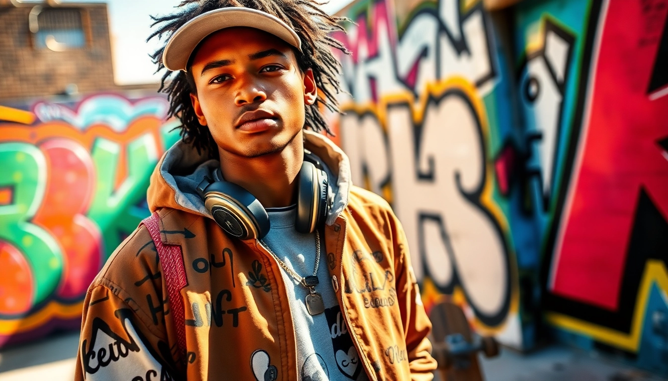 Showcasing modernstreet fashion with vibrant urban backdrop and intricate clothing details.