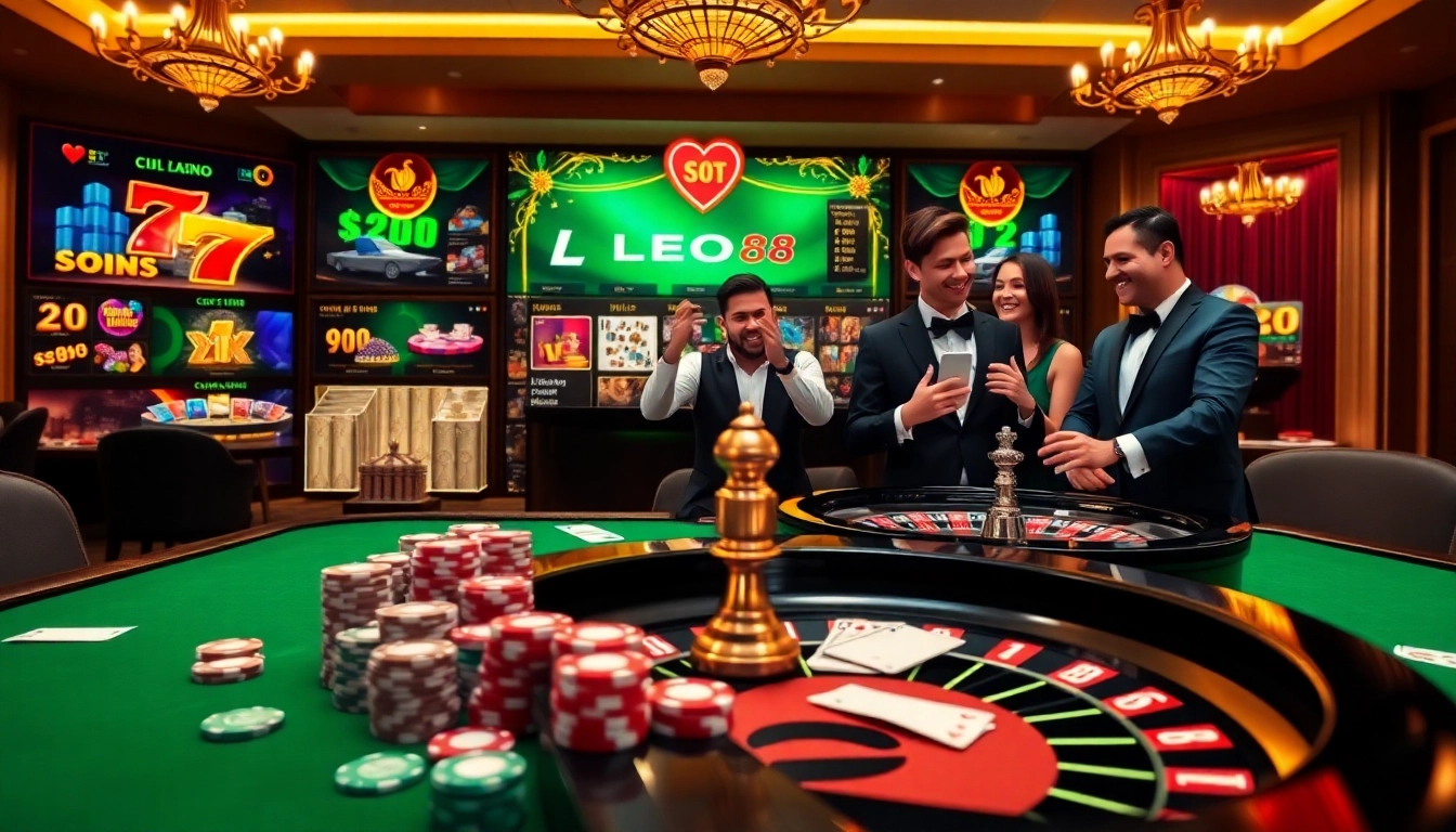Experience the thrill of winning at LEO88 with vibrant casino elements, cards, and gaming tables.