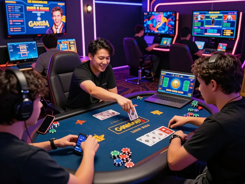 Players enjoying Game bài in a vibrant online casino atmosphere, showcasing excitement and strategy.