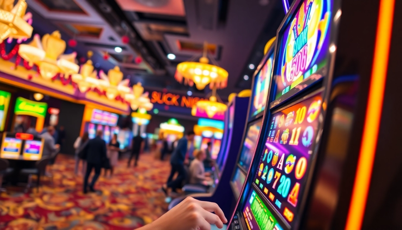 Menangkan slot gacor di mesin slot yang bersinar dengan pemain bersemangat di kasino.