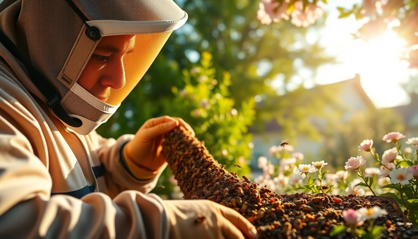 Expertly providing honey bee removal services with a technician ensuring safe hive extraction.