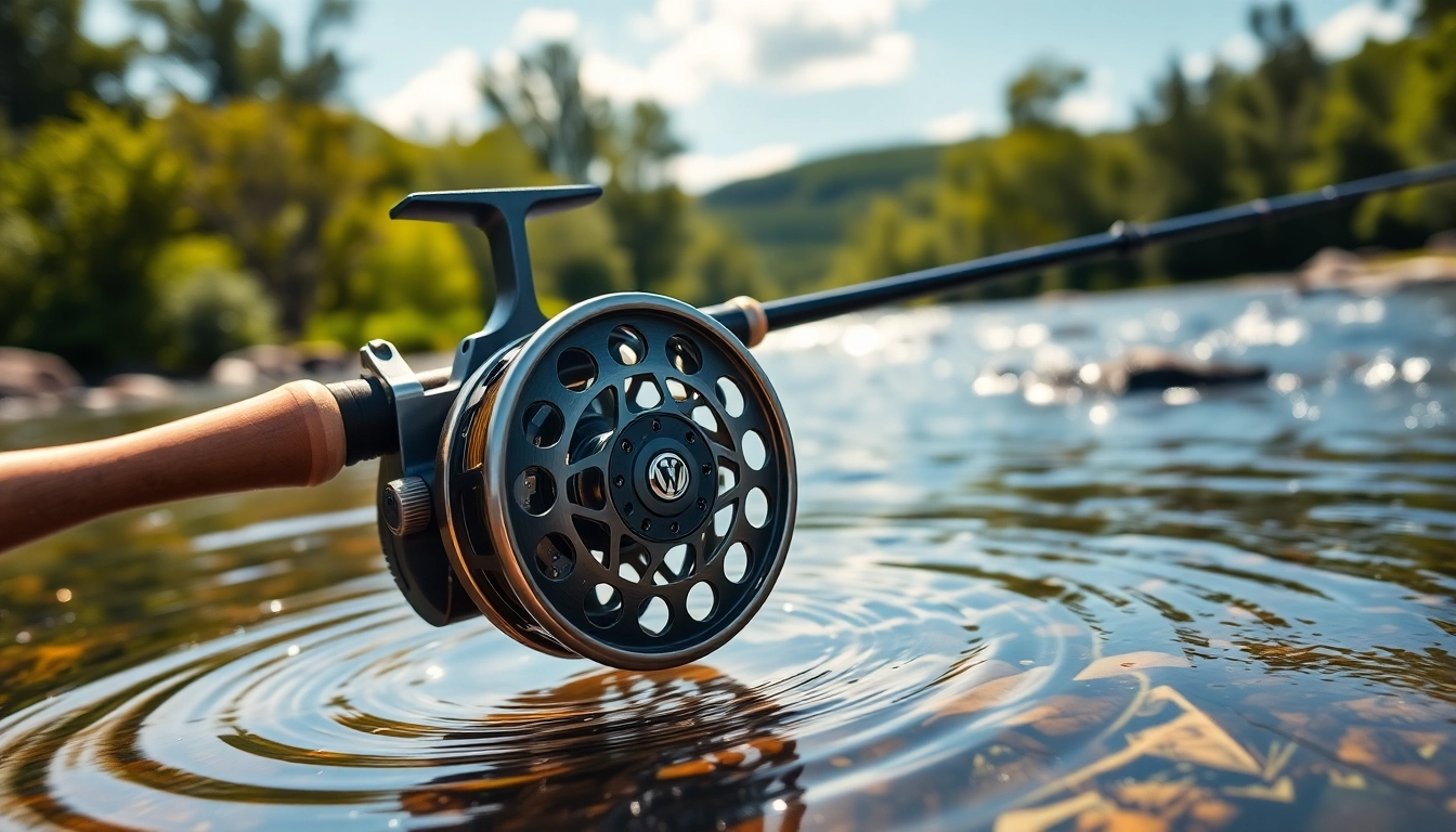 Showcasing a Fly fishing combo in a picturesque outdoor setting with a flowing river.