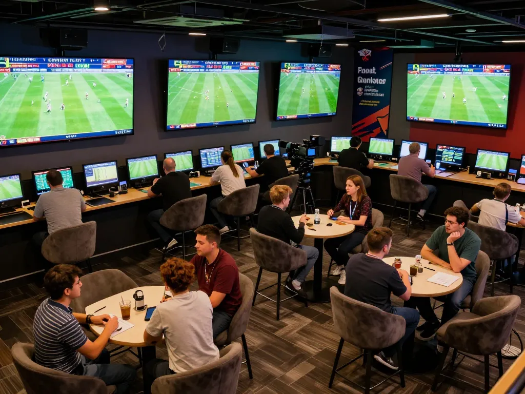 Sports fans engaging in betting at a modern lounge, showcasing https://soikeo.in.net/ with live football matches on screens.
