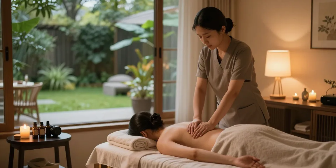 마사지 치료 중인 고객과 치료사 모습, 아늑한 마사지 스튜디오에서 편안한 분위기와 자연스러운 빛이 어우러짐