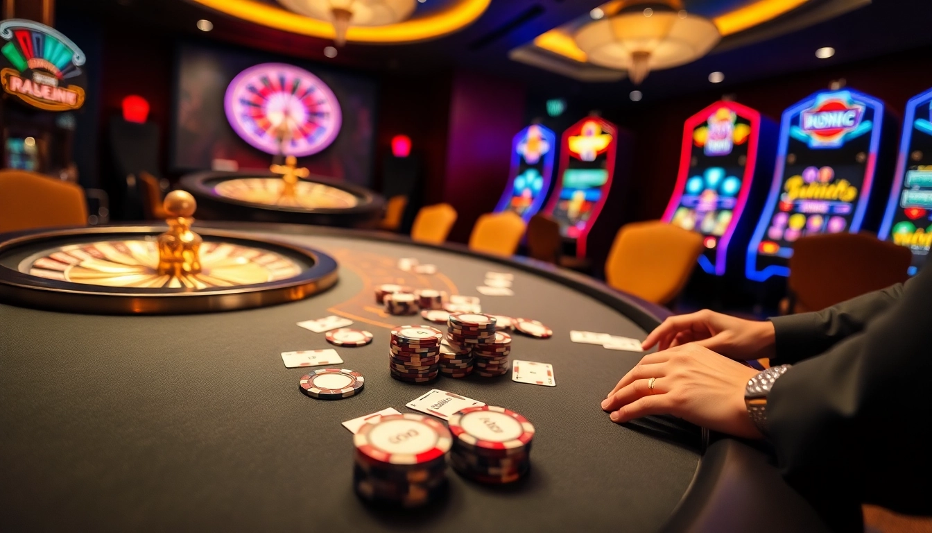 High-stakes poker action at ta88c with chips, cards, and a roulette wheel.