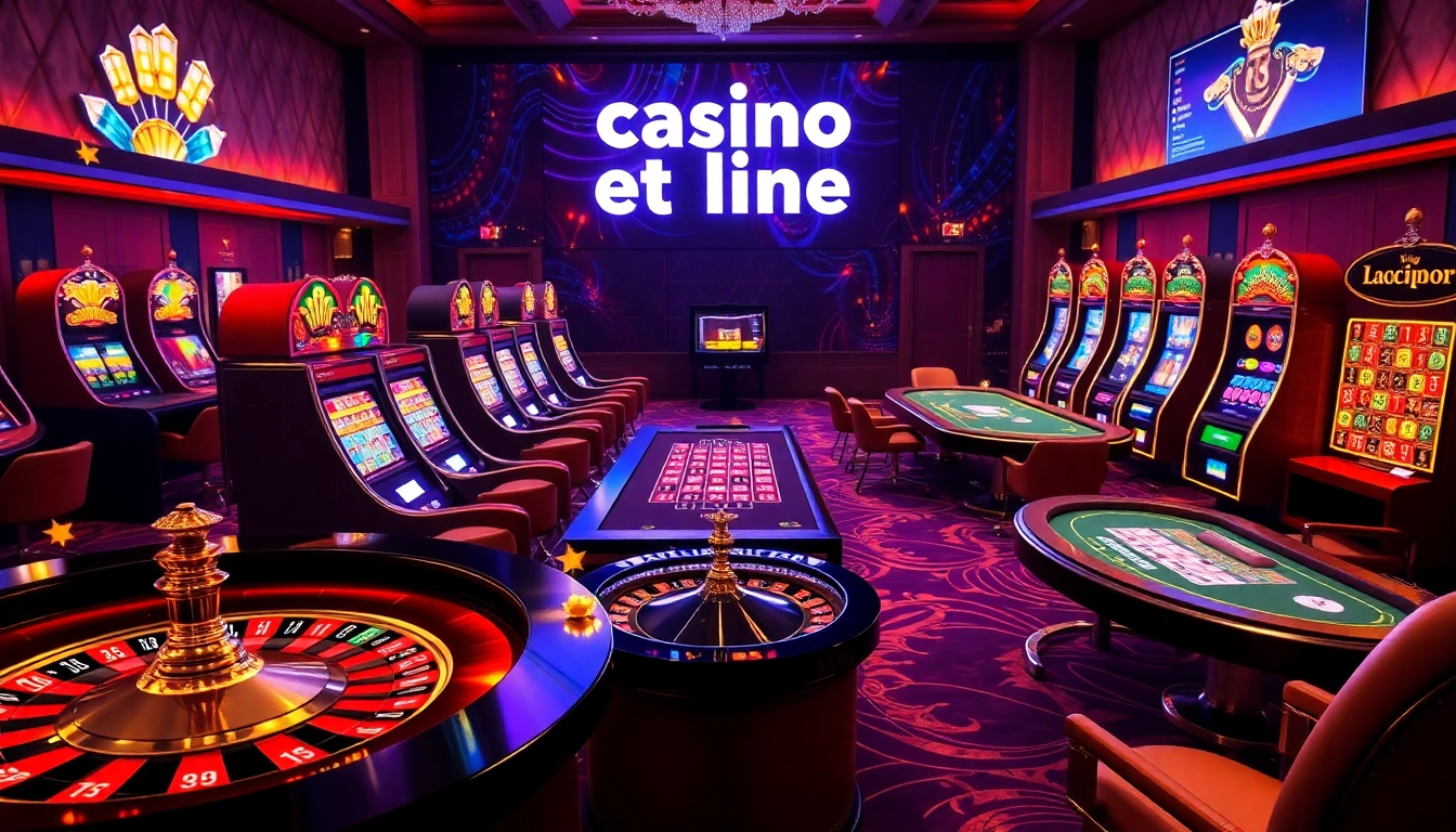 Scène engageante de casino en ligne mettant en valeur des tables vibrantes, des machines à sous et des jetons de poker.