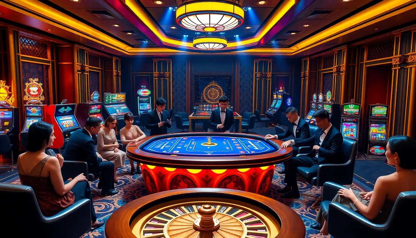 Players enjoying a thrilling BL555 casino experience with vibrant tables and slot machines.
