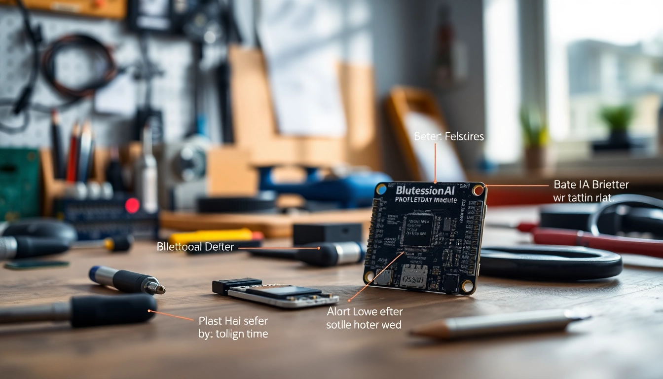 Showcasing a Bluetooth module on a workbench, highlighting its features and components.