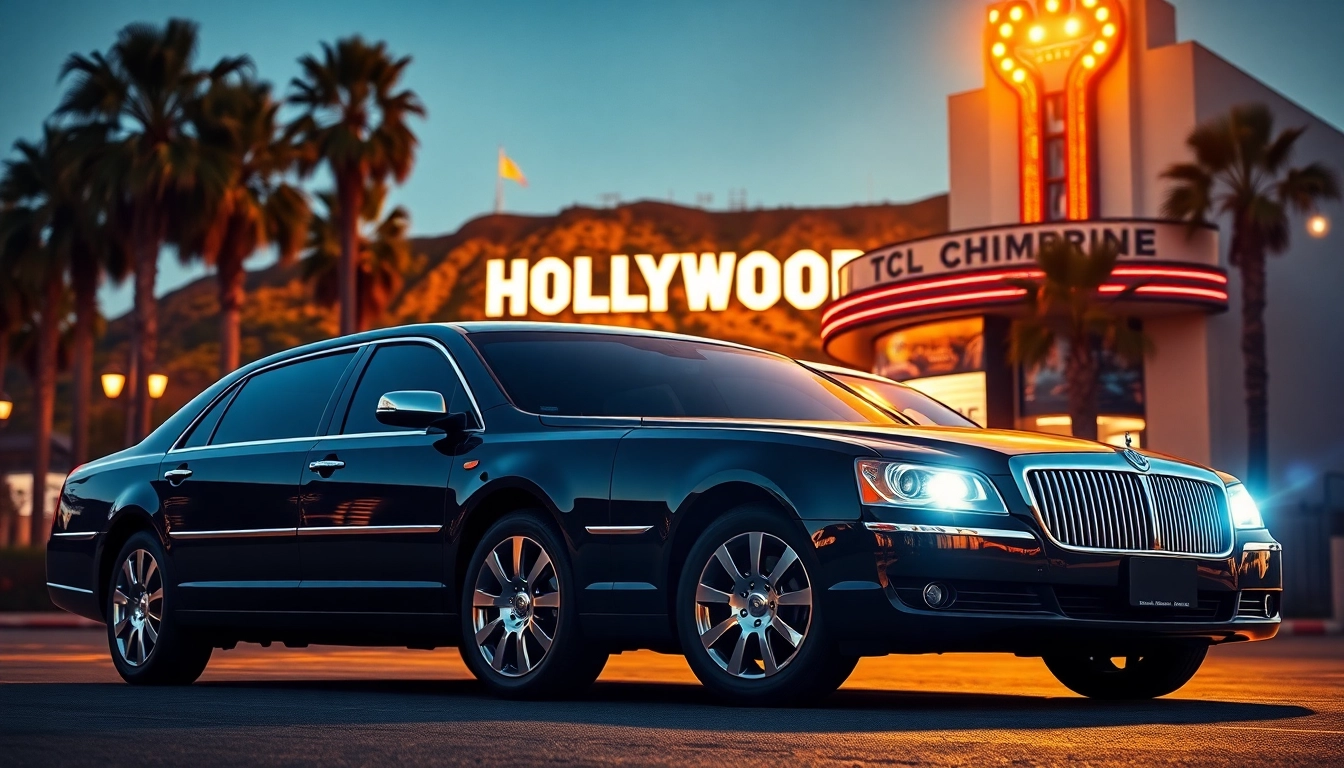 Luxury Hollywood Town Car and Limousine parked by iconic LA landmark, symbolizing premium transport.