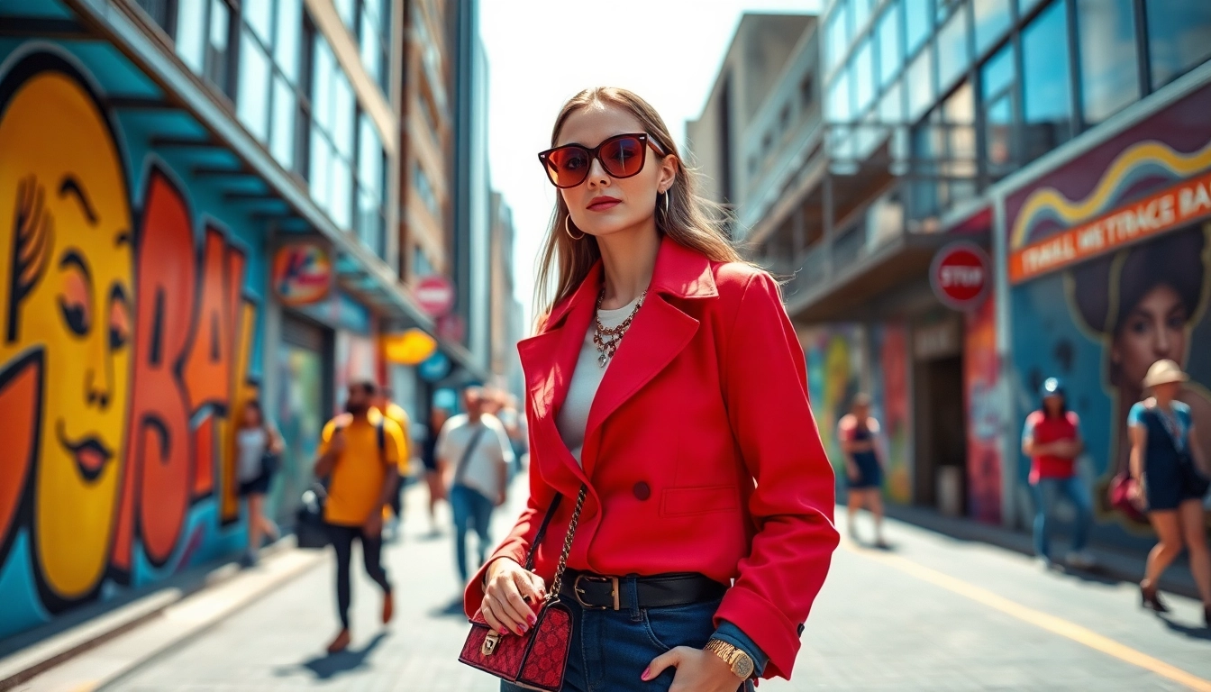 Fashion model confidently showcasing the latest trends in an urban setting.