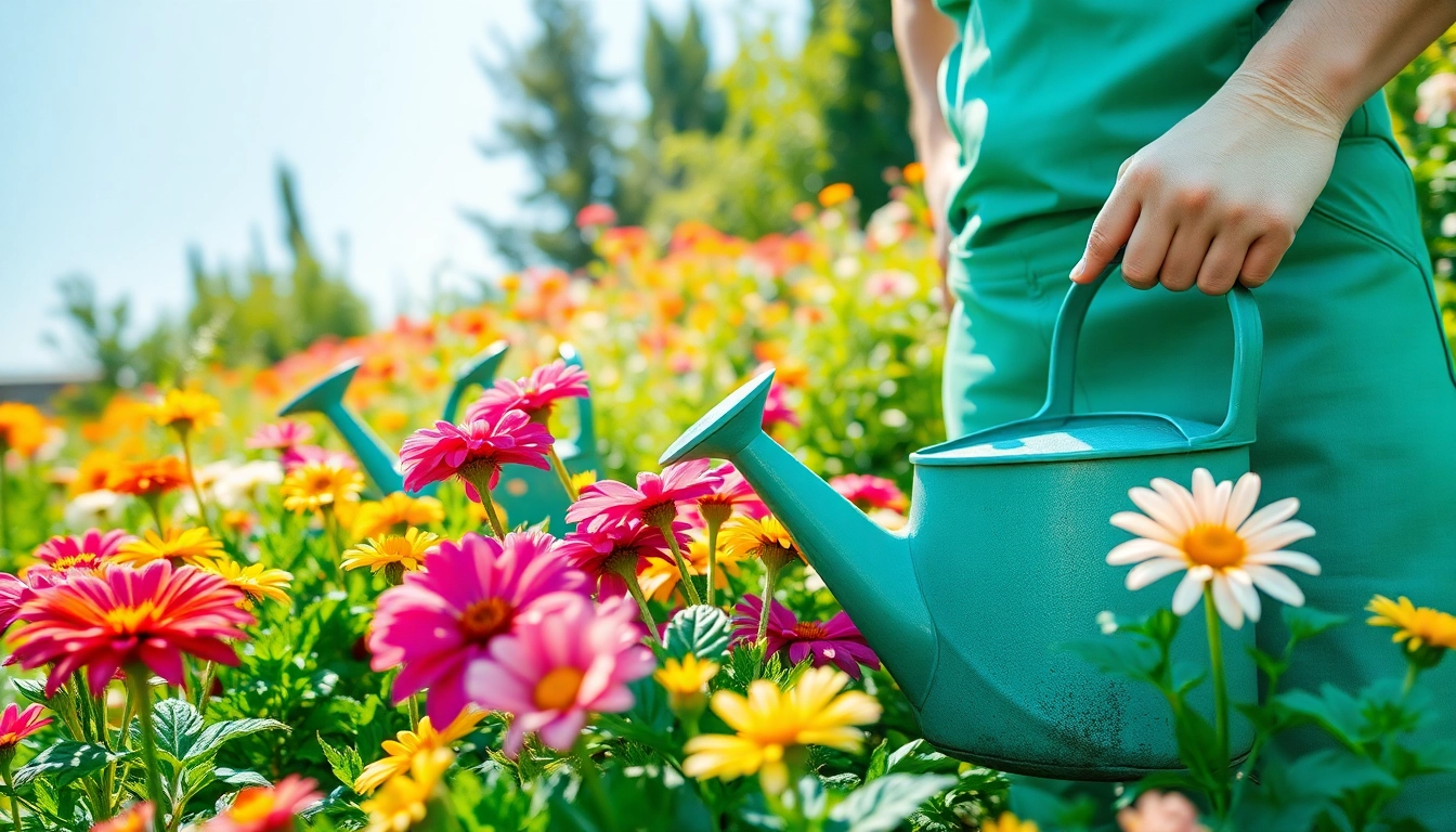 Gardening in a colorful garden with flowering plants and vegetables, showcasing vibrant blooms and tools.