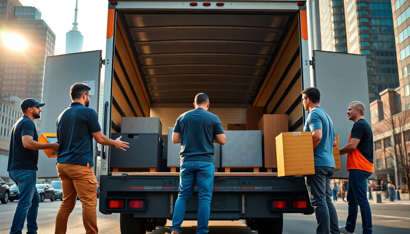 Toronto moving company team efficiently loading furniture into a truck against the Toronto skyline.