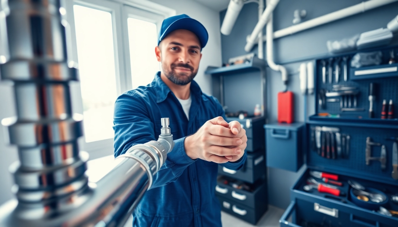 Plumbing professional efficiently installing pipes with modern tools and bright lighting.