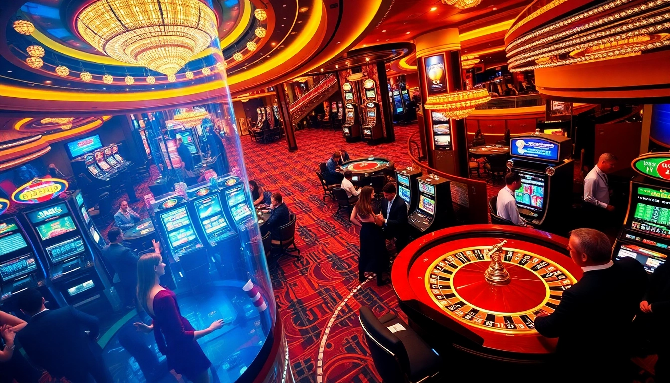 Adegan kasino yang menarik yang menampilkan kegembiraan para pemain menikmati strategi perjudian Utama4D melalui roulette dan mesin slot.