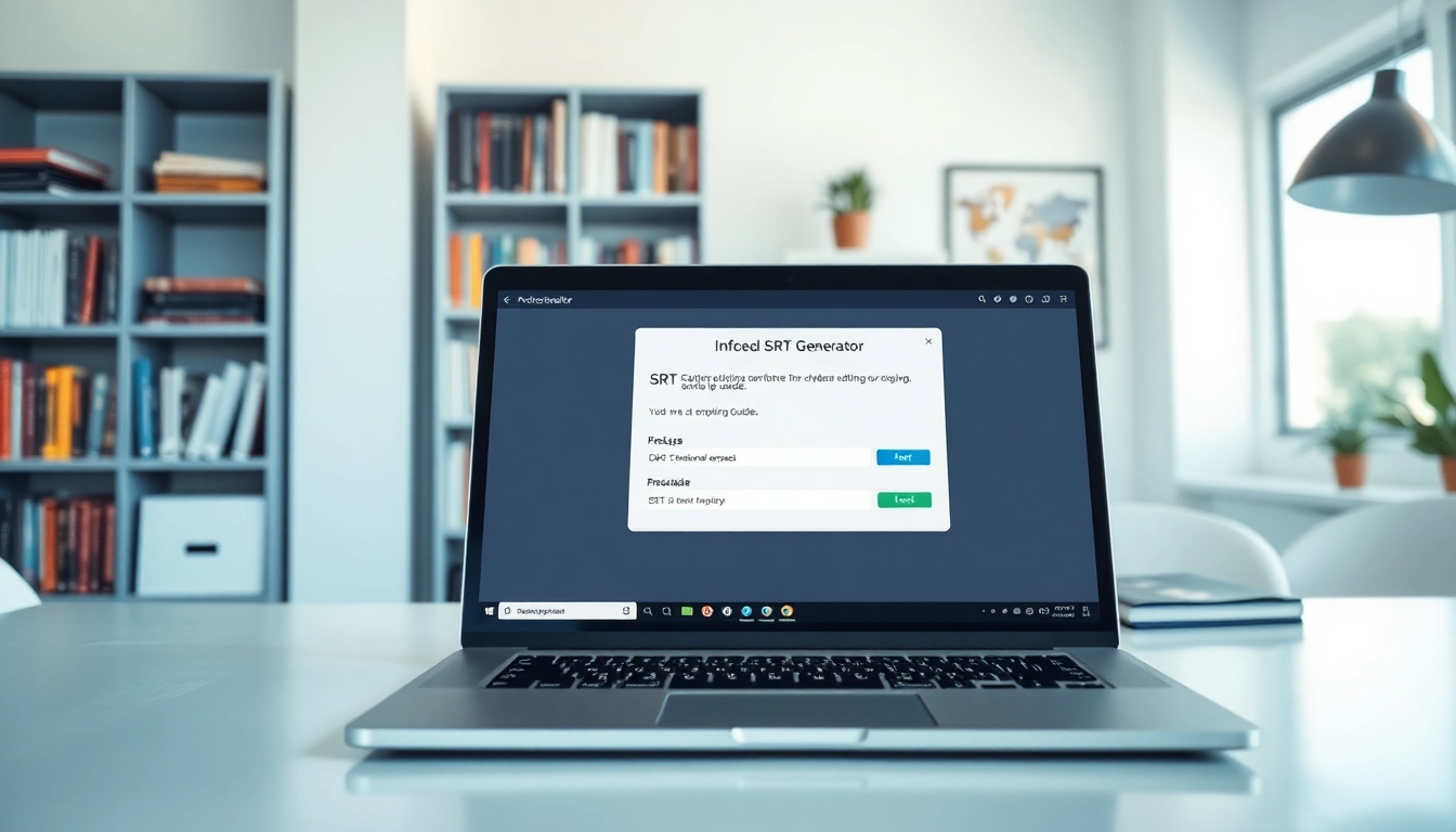 Utilize an SRT Generator tool in a modern workspace environment for video editing.