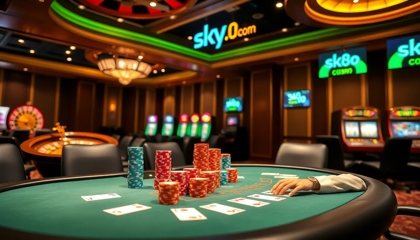 Experience the excitement of gambling at sky88.com with vibrant casino visuals of poker tables and roulette.