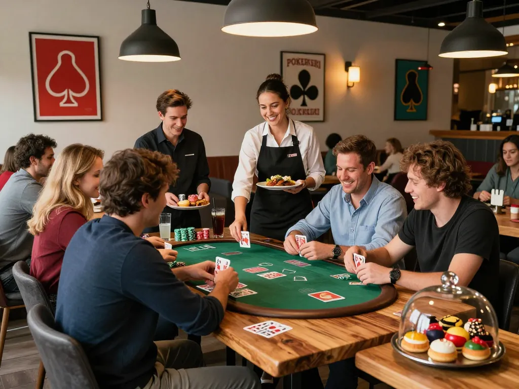 Enjoying vibrant games and delicious food at POKERSERI's inviting dining area, showcasing community and excitement.