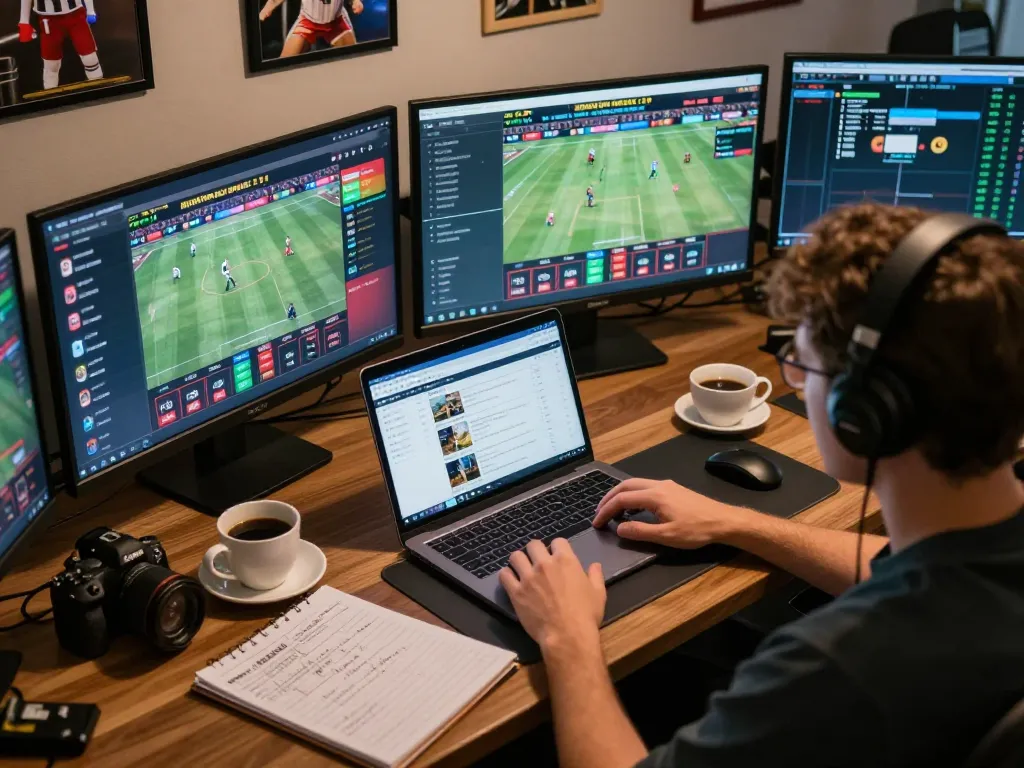 Engaging online sports betting activity on au88.com with multiple screens displaying live events and strategic notes.