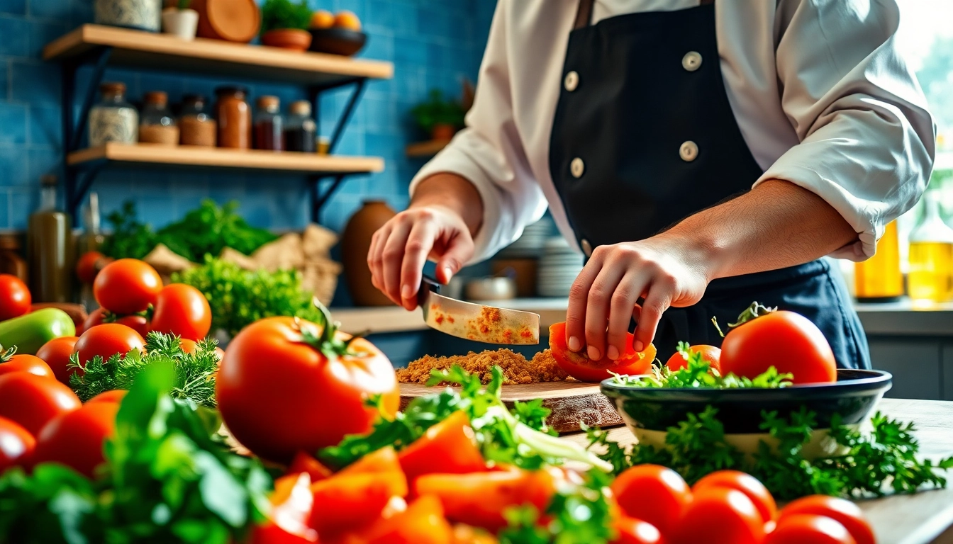 Chef skillfully crafting traditional Greek cuisine featuring laoutaris ingredients in a vibrant kitchen.