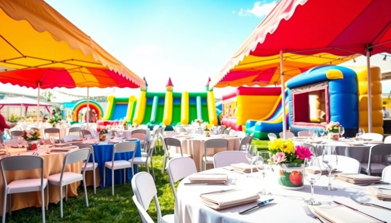 Engaging party rentals with colorful tents and decorations enhancing a festive outdoor celebration.