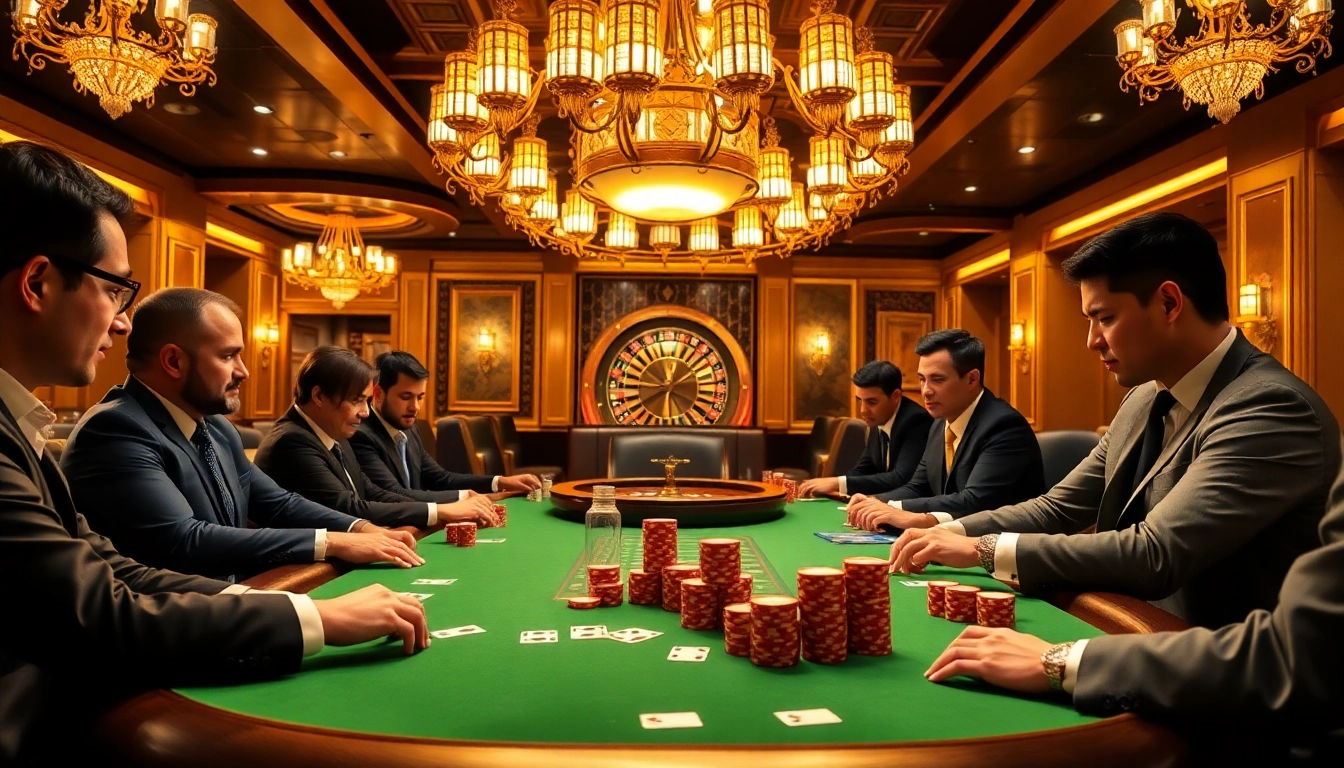 Players enjoy a thrilling poker game at a KJC luxury casino table.