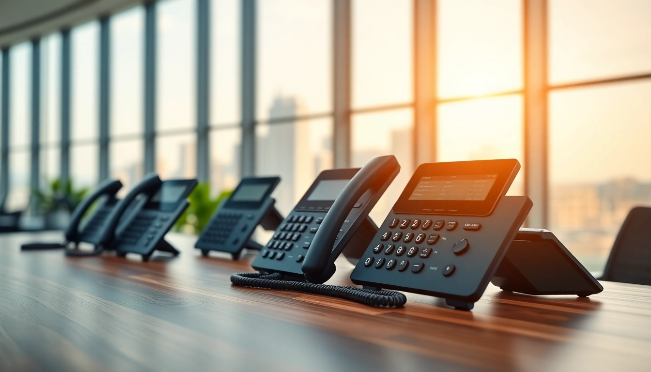 Showcasing business phone systems in a professional office setup with modern VoIP devices.
