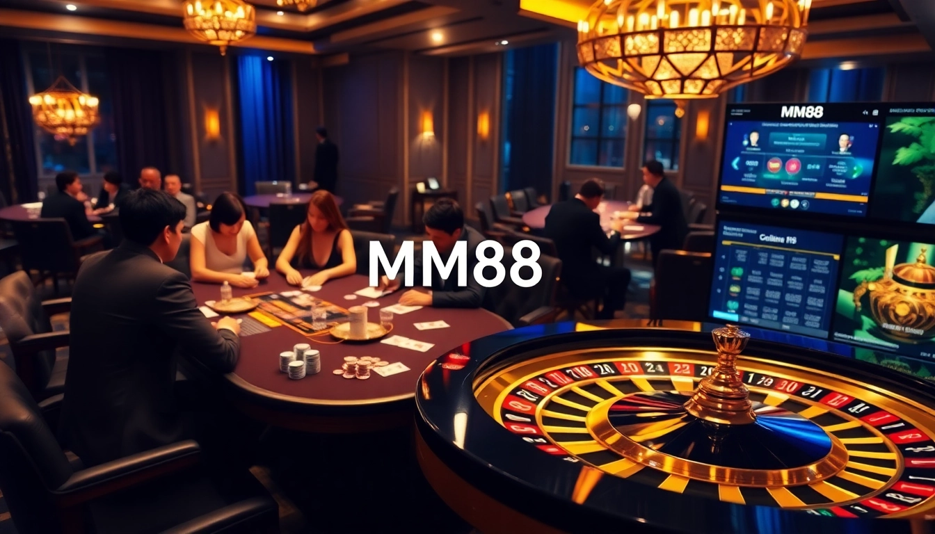 Experience the thrill of MM88 at an upscale casino table, featuring glamorous poker games and betting excitement.