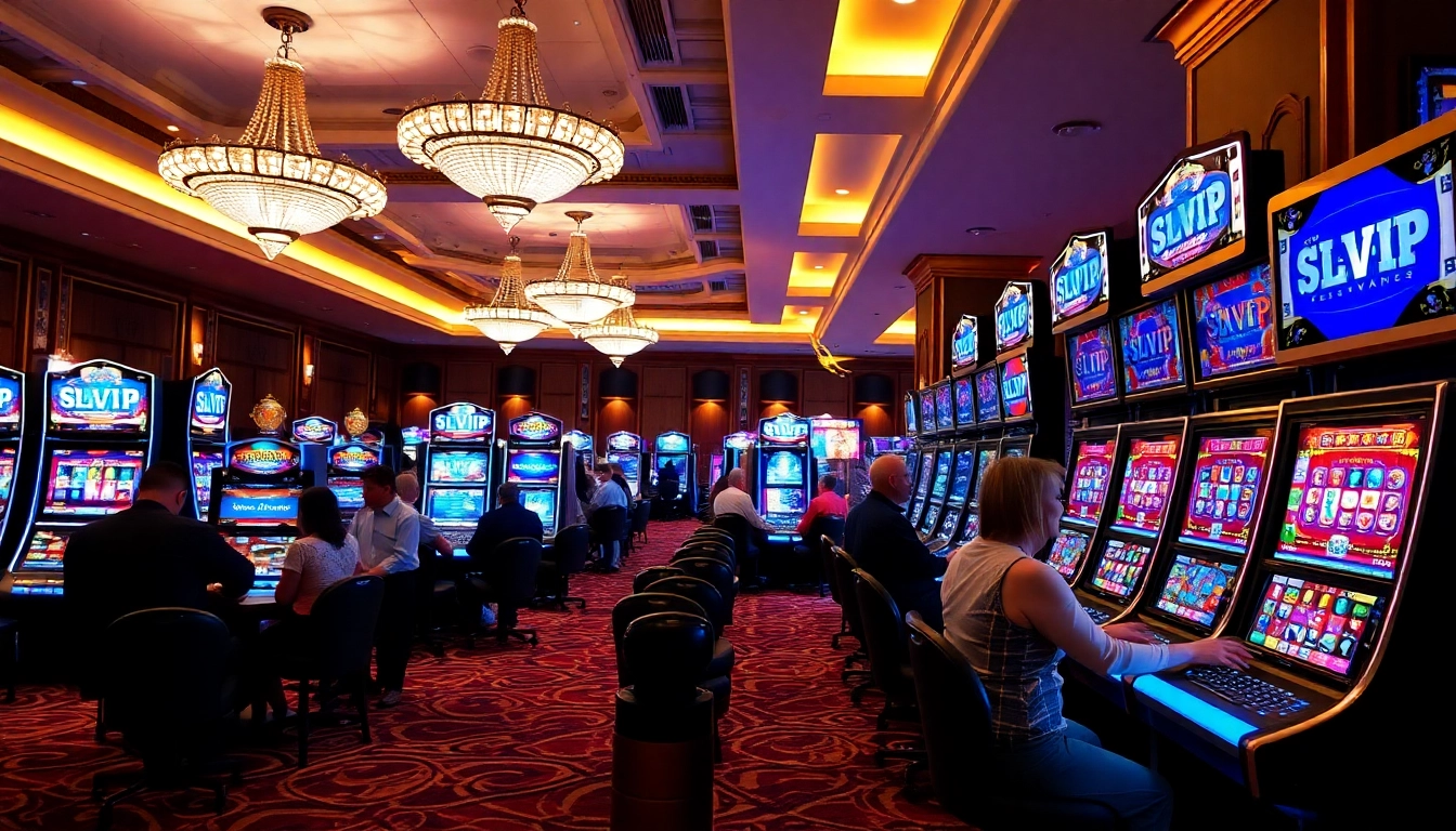 Players enjoying SLVIP slot machines in a vibrant casino atmosphere.