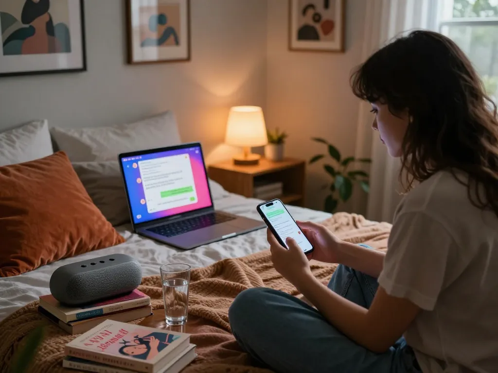 NSFW AI chat interaction in a cozy bedroom setting with a playful AI character.