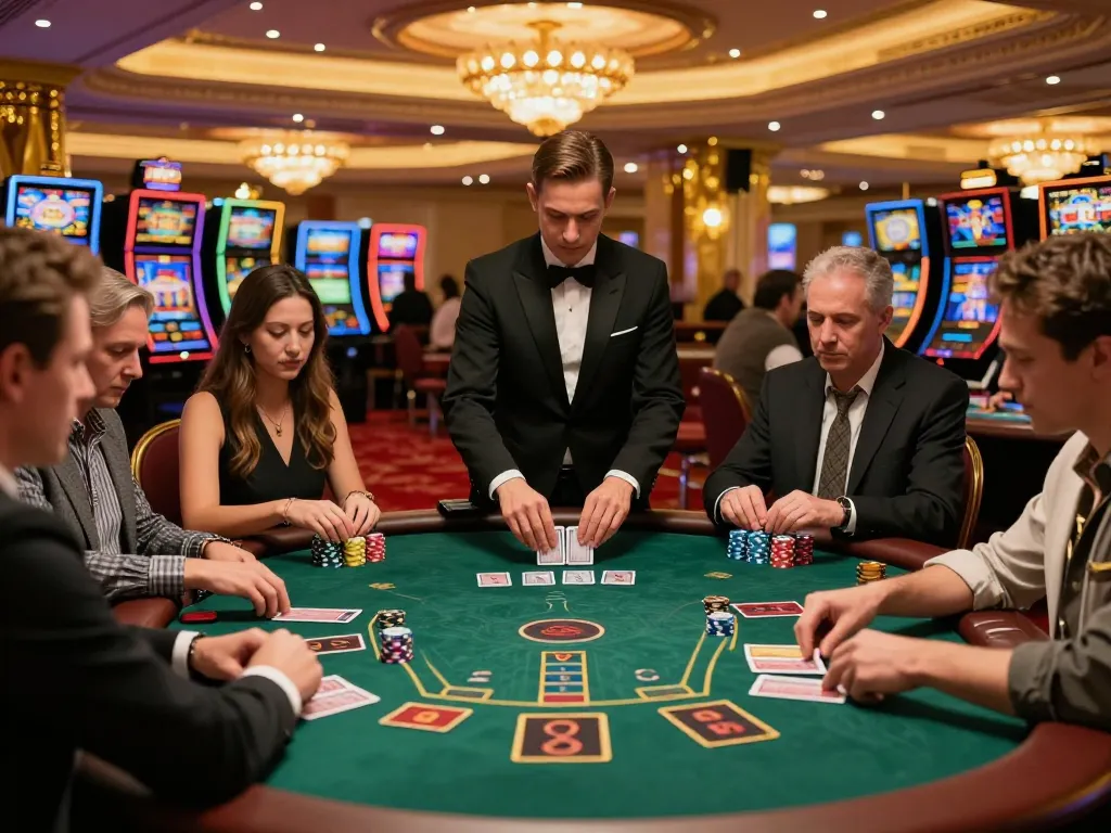 Players in an intense blackjack game at 8day casino, showcasing dealer action and lively atmosphere.