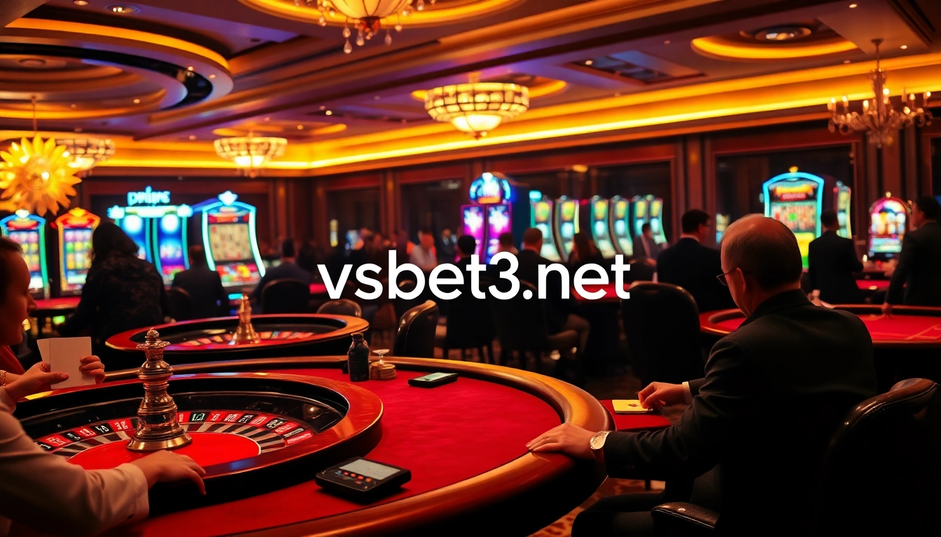 Players engaging in a high-stakes poker game at a luxurious casino, highlighting vsbet3 net gaming excitement.