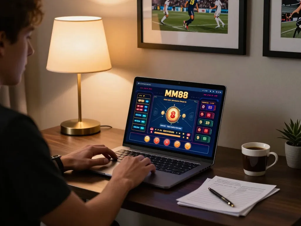 Engaging in online MM88 casino gaming with a laptop and strategy notes on a stylish desk.