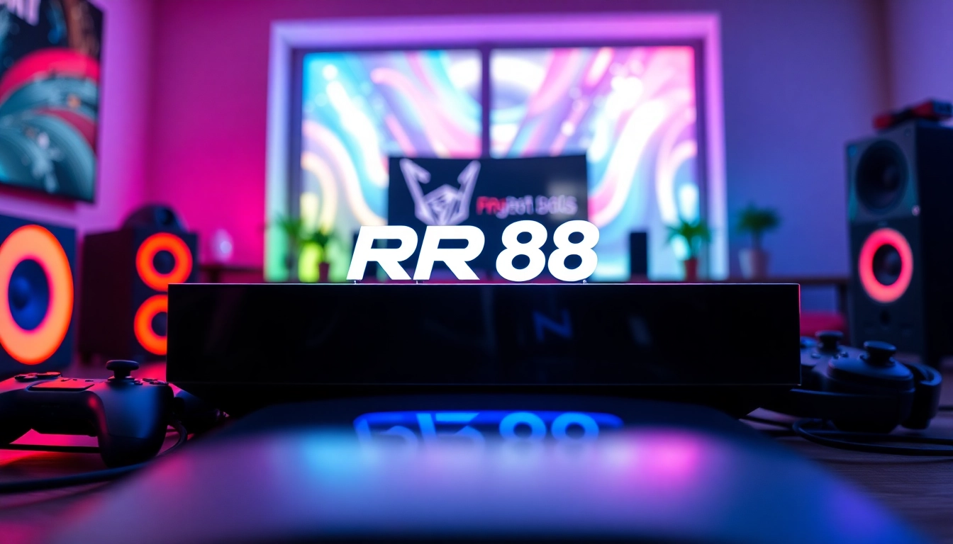 Showcasing the RR88 logo on a sleek gaming console with vibrant accessories.
