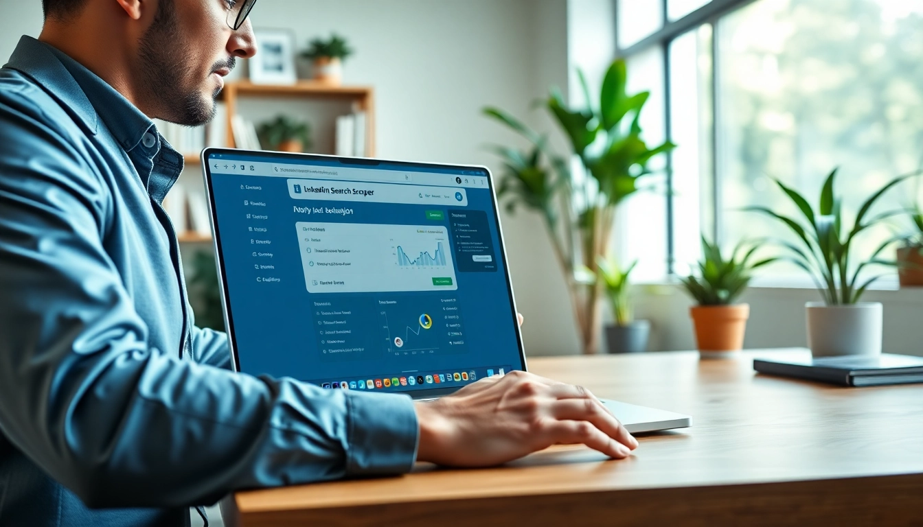 Optimize outreach using linkedin search scraper displayed on a laptop at a modern workspace.