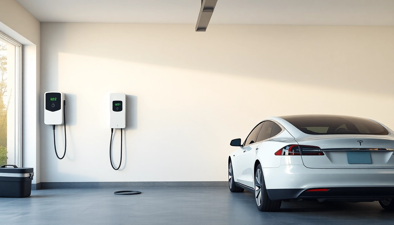EV charger cost Australia - a modern home garage showcasing an installed EV charger next to a Tesla vehicle.