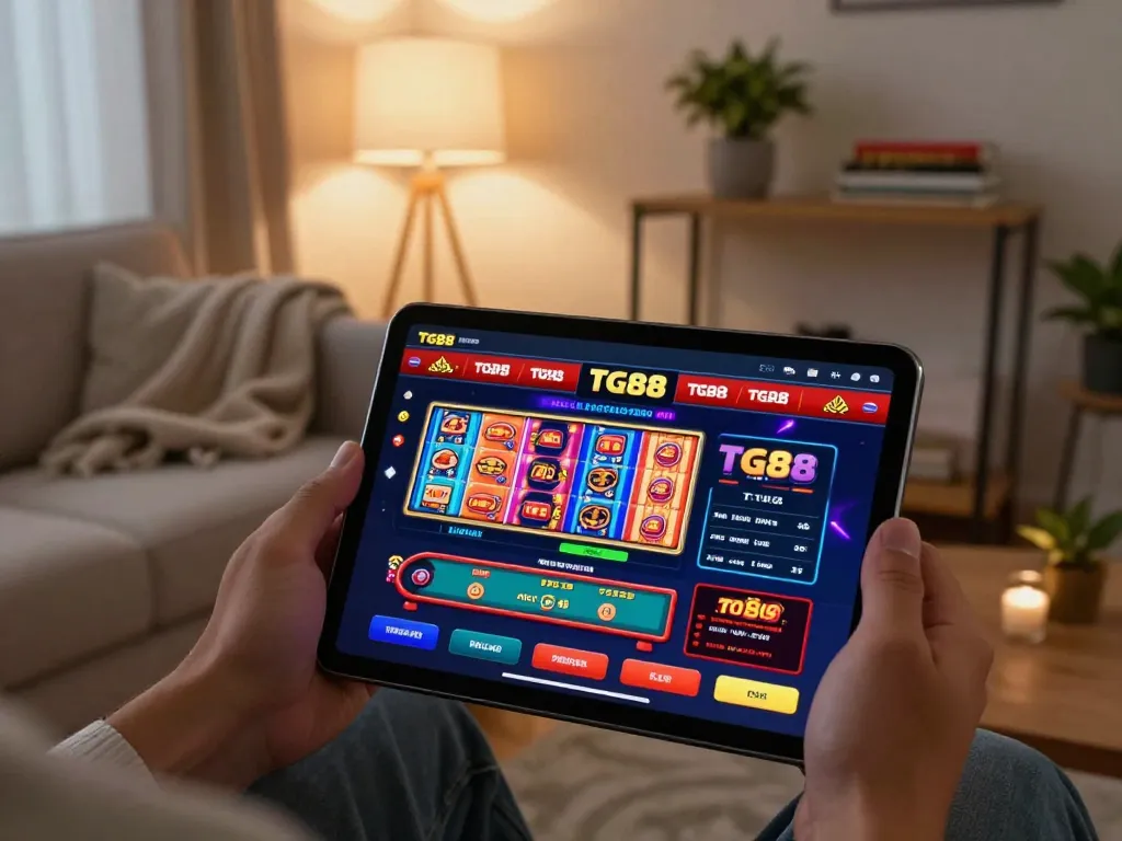 Engaging with the TG88 casino app for exciting online slot and poker games in a cozy home setting.
