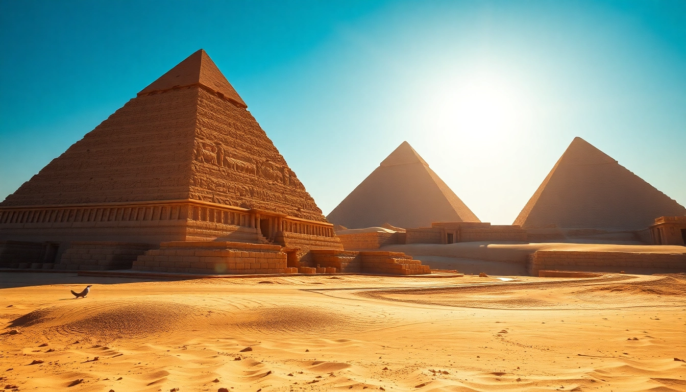 Explore piraminds against a vibrant desert backdrop showcasing their architectural brilliance.