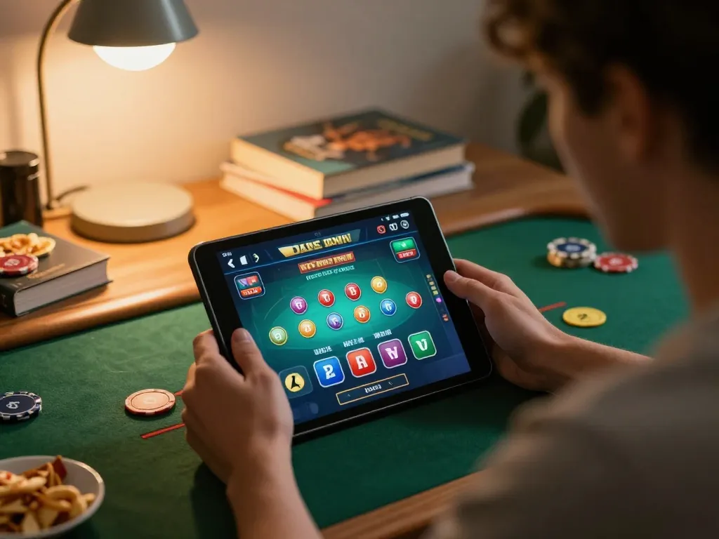 Engaging online gaming moment featuring SUNWIN LINK on a tablet, showcasing responsible gambling strategies in a cozy setup.