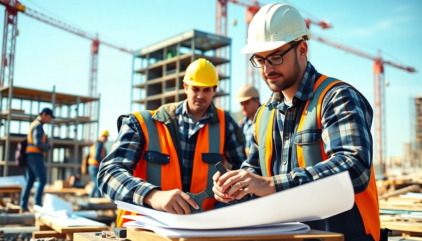 Construction apprenticeship in action, showcasing a professional apprentice collaborating on a busy site.