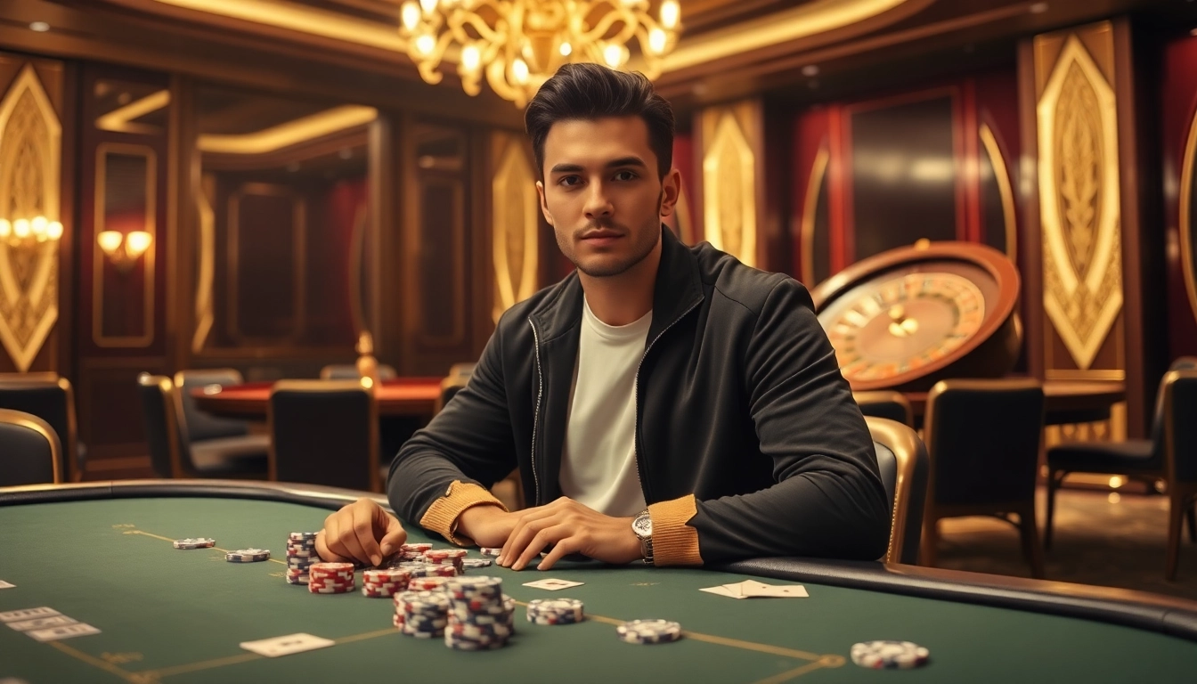 Stylish individual in Essentials Tracksuit plays poker in a luxurious casino setting.