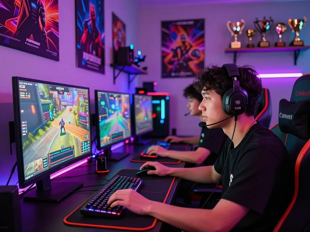 Enthusiastic gamer immersed in popotogel online gaming, colorful LED lights and multiple screens showing games.
