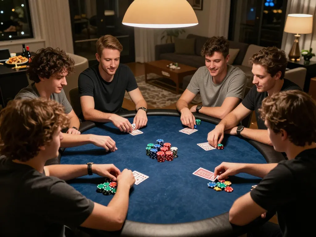 Engaged players participating in a thrilling home poker game night inspired by lu88.com with lively atmosphere and strategy discussions