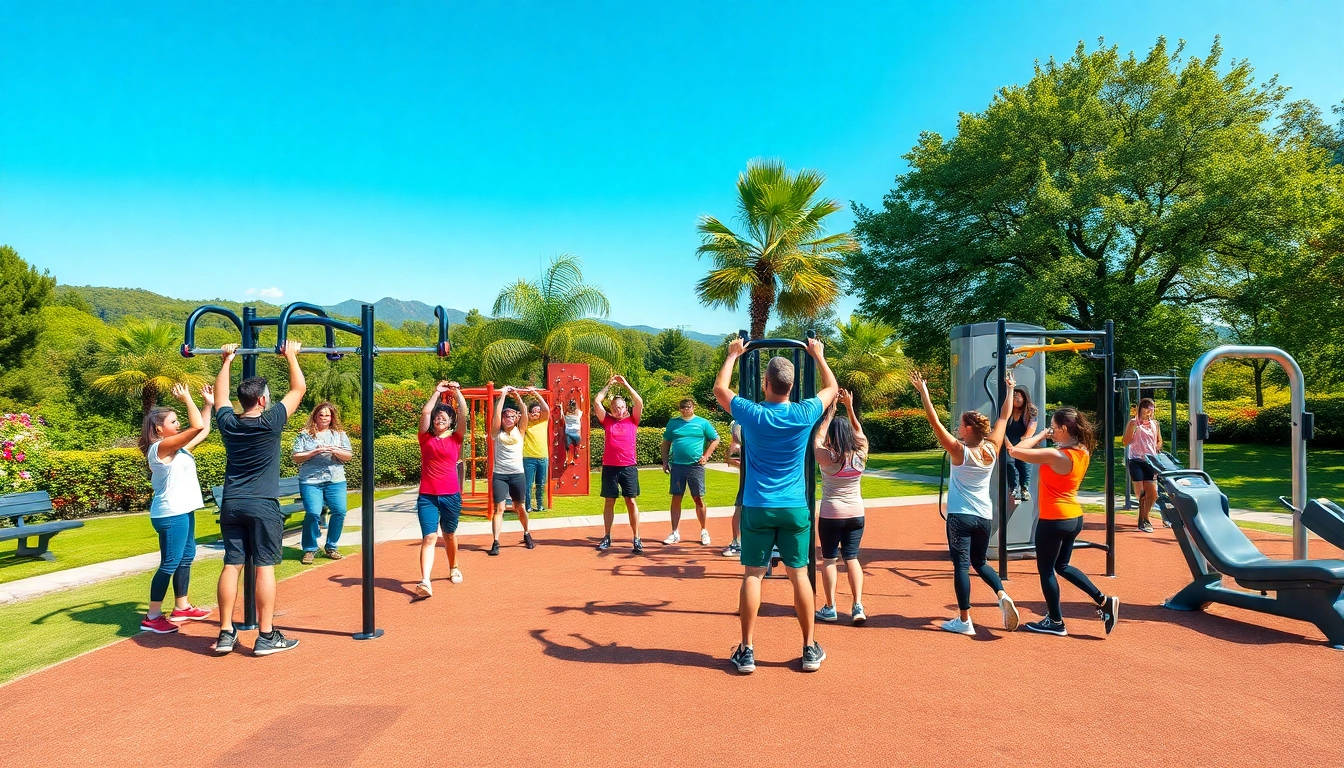 Group exercising with outdoor fitness equipment in a vibrant park, showcasing energy and enthusiasm.
