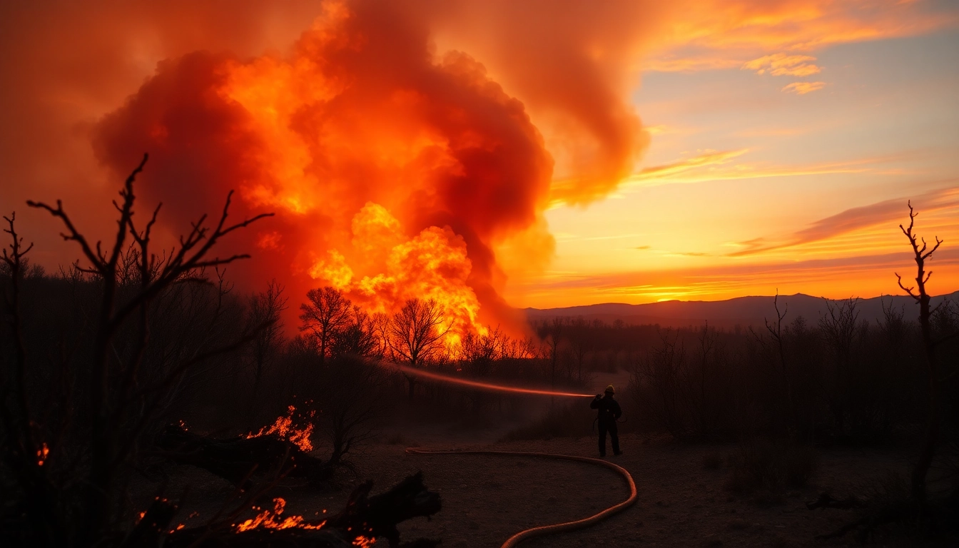 Firefighter combating Wildfire events in a dramatic forest landscape.