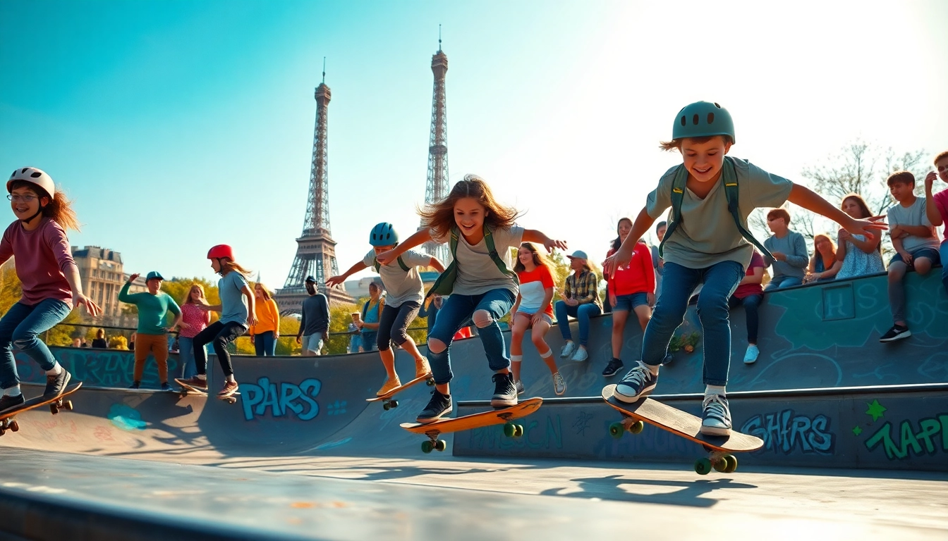 Cours Skateboard Paris : enfants et adolescents s'entraînant au skate dans un skatepark dynamique.